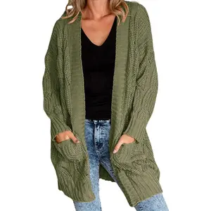 FMEYOA Women's Cardigan Sweaters Long Sleeve Plus Size Solid Cable Knit Open Front Outerwear with Pocket