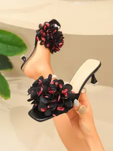 Women's Pink 3D Flower Square Toe Kitten Heel Mule Slides, French Romantic Date-Chic Style, Comfy Summer Sandals #FlowerHeelSlides, #FrenchRomanticChic, #ElegantSummerShoes