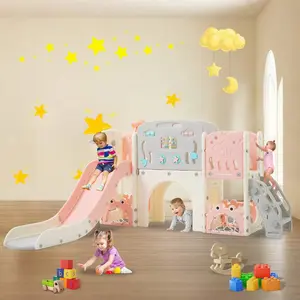 11 In 1 Toddler Slide, Kid Slide For Toddlers Age 1-3 With Ring Toss, Basketball Hoop, And Telescope, Indoor Outdoor Slide Toddler Playset Toddler Playground,Pink