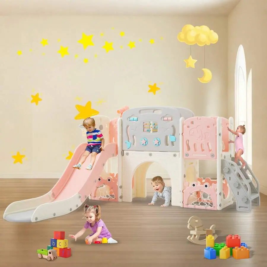 11 In 1 Toddler Slide, Kid Slide For Toddlers Age 1-3 With Ring Toss, Basketball Hoop, And Telescope, Indoor Outdoor Slide Toddler Playset Toddler Playground,Pink