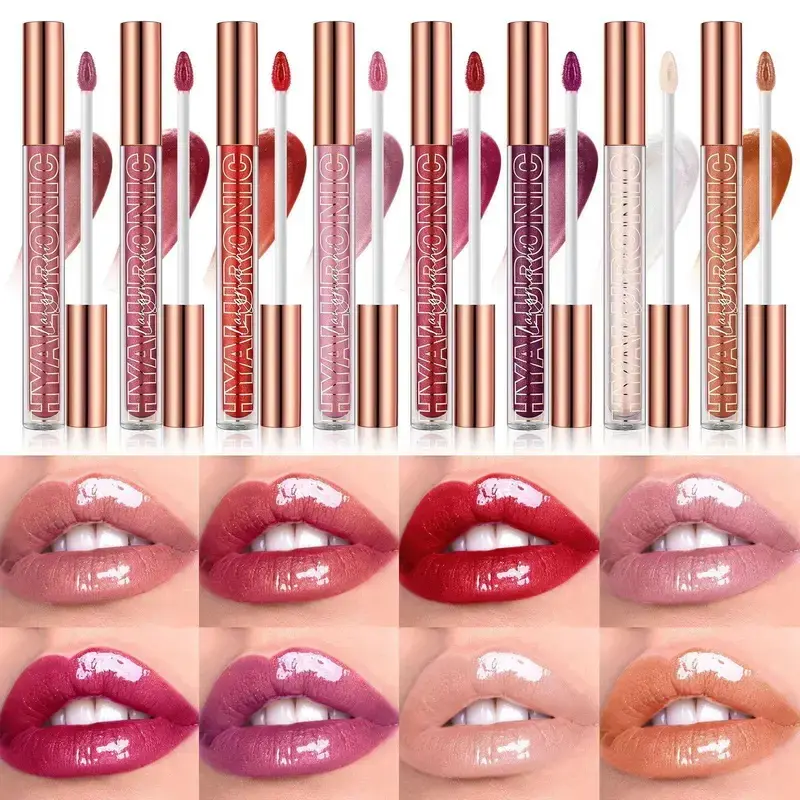 8Pcs 3ml Hyaluronic Acid Glitter Lip Gloss Set, moisturizing with hyaluronic acid, tinted liquid lipstick with shimmer, nourishing and versatile for all occasions