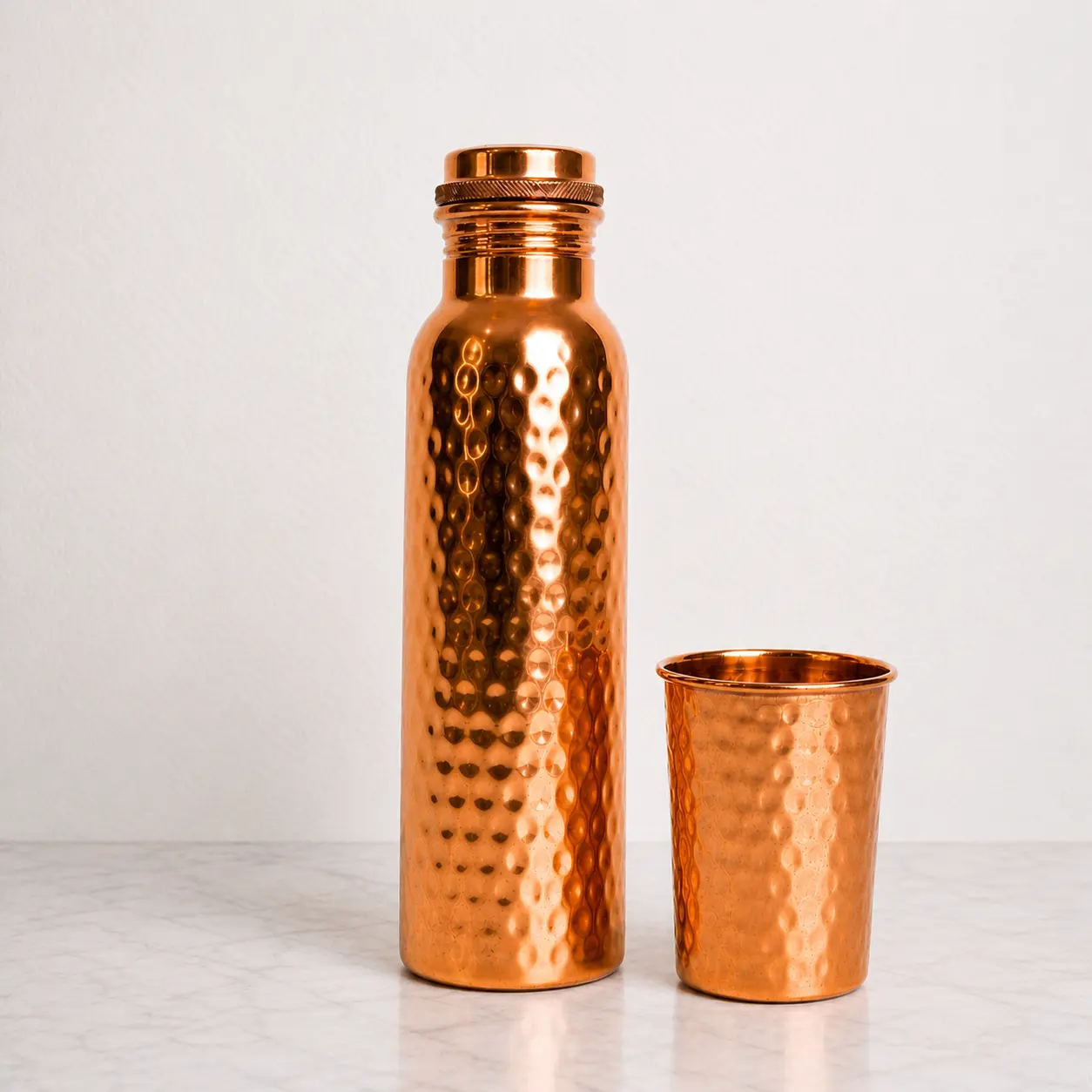 Pure Copper Water Bottle with Copper Glass, 34oz Hammered Handmade Ayurvedic Drinking Water Set, Eco Friendly Reusable Bottle