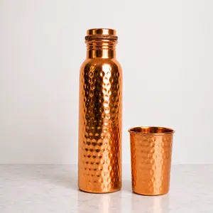 Pure Copper Water Bottle with Copper Glass, 34oz Hammered Handmade Ayurvedic Drinking Water Set Eco Friendly Gift
