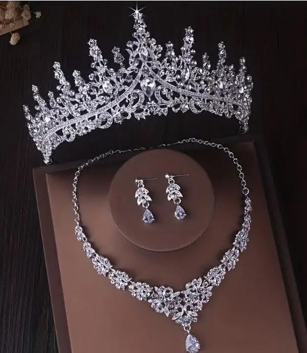 Rhinestone Bridal Jewelry Set, Sparkling Crystal Tiara Crown Necklace Dangle Earrings Kit, Elegant Silver‑Plated Wedding Prom Pageant Hair Accessories for Bride Formal Evening Party Decor