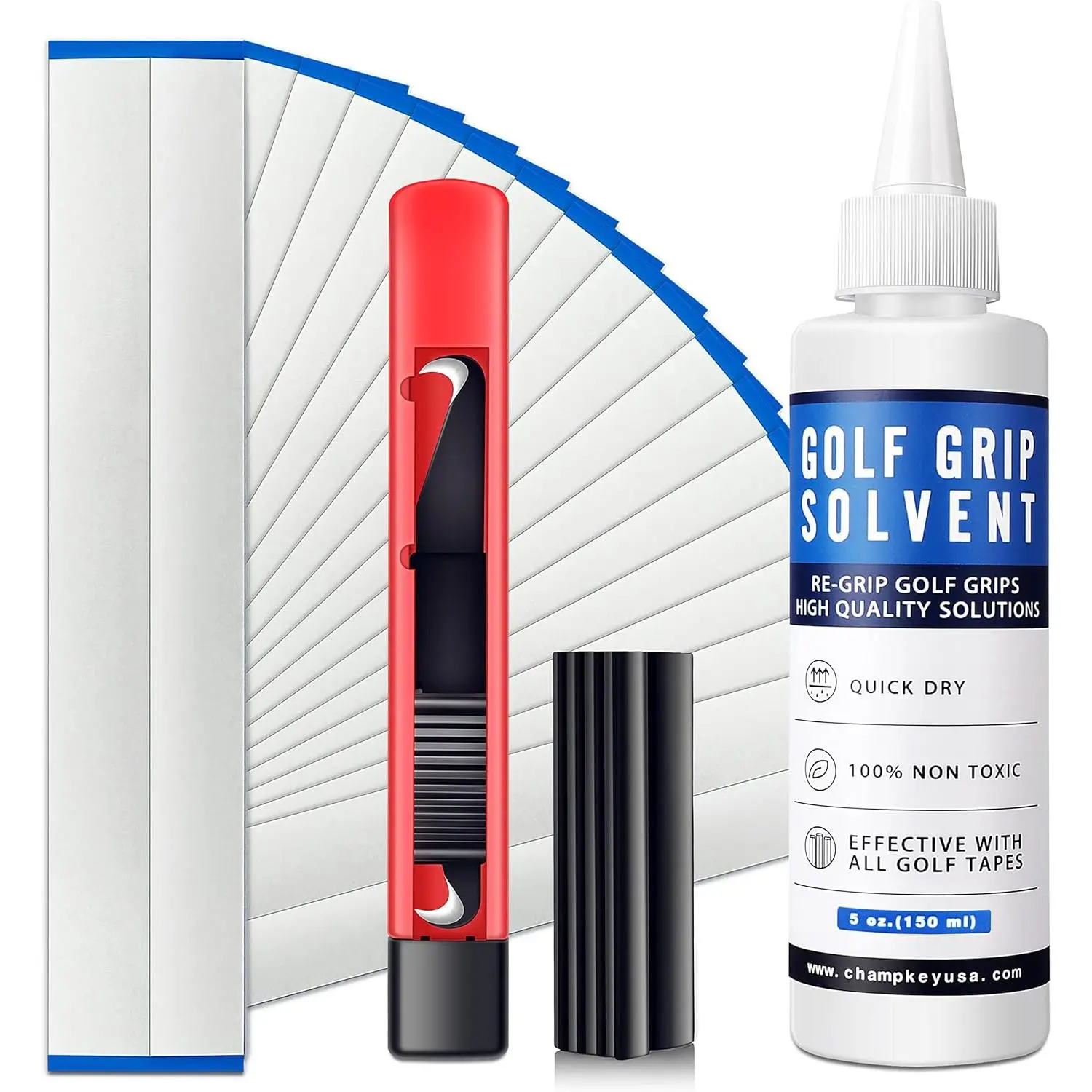 Deluxe Golf Club Regripping Repair Tools Kit - Includes Hook Knife, 2"x10" Double Sided Professional Tape, 5 oz Solvent, Zinc Alloy Rubber Vise Clamp, Double Sided Tape