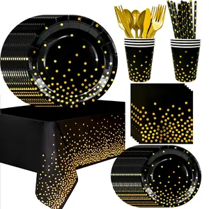 Black Gold Party Tableware,193pcs Black and Gold Dot Paper Tableware Set-Black and Gold Paper Plates and Cups Napkins Tablecloth