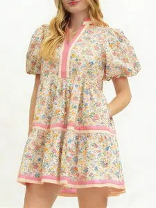 Women Y2K Babydoll Mini Dresses V Neck Puff Sleeve Short Dress Beach Sundress