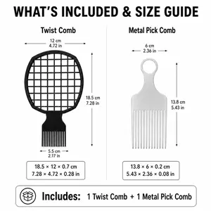 2Pcs Afro Twist Comb Set, Plastic Twist Sponge Comb & Metal Pick Comb for Natural Curly Hair, Coils, Braids, Dreadlocks, Root Lifting, Detangling, Fluffing & Barber Styling Tools for Men and Women、
