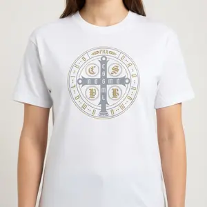 Saint Benedict Medal Graphic Tee, Catholic Saint Faith Design, Religious Spiritual Print, Unisex, Comfortable, All‑Season Wear