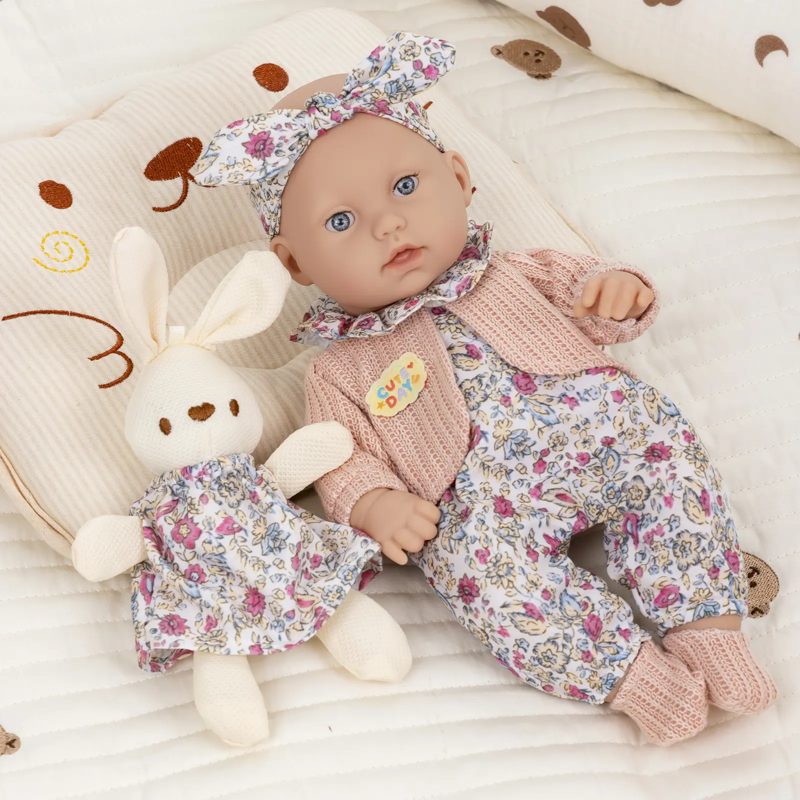 DEARBEI 12-in Baby Doll Playset with Pink Dot Outfit, Bottle, Pacifier, 7 Accessories & Play Possibilities - Pretend Play Toy Gift for 3+ Kids (Boxed)