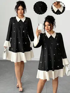 Elegant Plus Size Women's French Vintage Beaded Colorblock Collar Long Sleeve Loose Dress, Perfect for Daily Commute Festive Parties