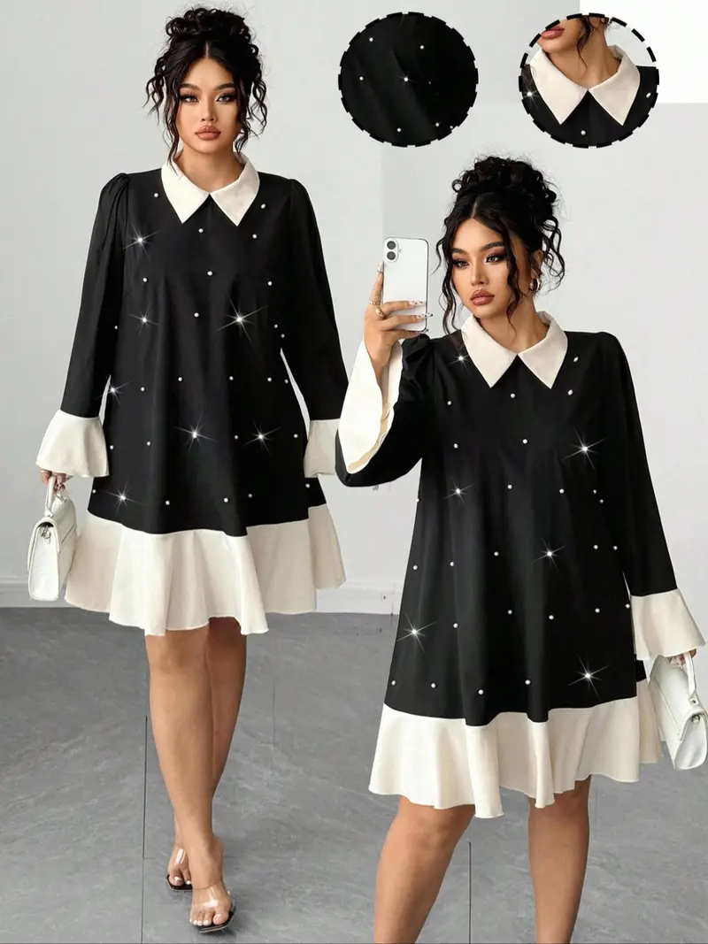 Elegant Plus Size Women's French Vintage Beaded Colorblock Collar Long Sleeve Loose Dress, Perfect for Daily Commute Festive Parties