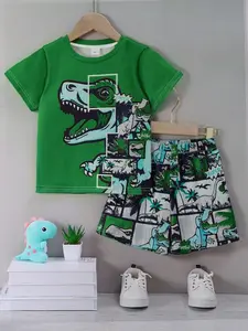 Fun Dinosaur Comic Print Summer Clothing Set, Street Style Eye-Catching, Casual Fitted Suit, Pullover, All over Print, No Button, No Zipper, No Collar