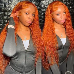 Orange Ginger Colored Lace Frontal Wig  Kinky Curly Human Hair Wigs 180% Density Deep Wave Water Wave Hairstyle 13x4 HD Lace Front Wig Afro Curly Human Hair Wig For Women