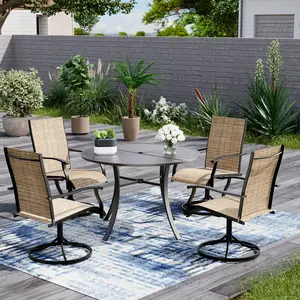 5-Piece Outdoor Dining Set with 4 360° Swivel Chairs & Adjustable Umbrella Hole Iron Table (1.57"-1.97"), All-Weather Patio Furniture for Poolside, Backyard, Deck, Lawn, Brown/Blue/Gray