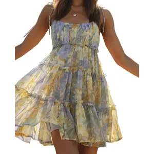 Mansy Womens 2026 Summer Floral Mini Dress Boho Flowy Skater Dresses Short Sleeveless Ruffle Spaghetti Strap Dress