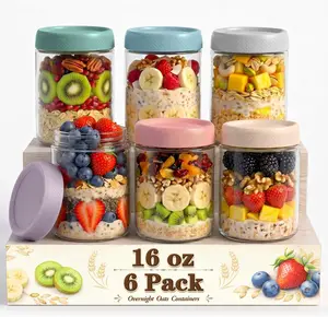 6 Pack Overnight Oats Containers with Lids, 16oz Wide Mouth Mason Jars, Suger Bowls, Glass Food Containers with Airtight Lids for Overnight Oats Jars for Yogurt, Meal Prep, Chia Pudding
