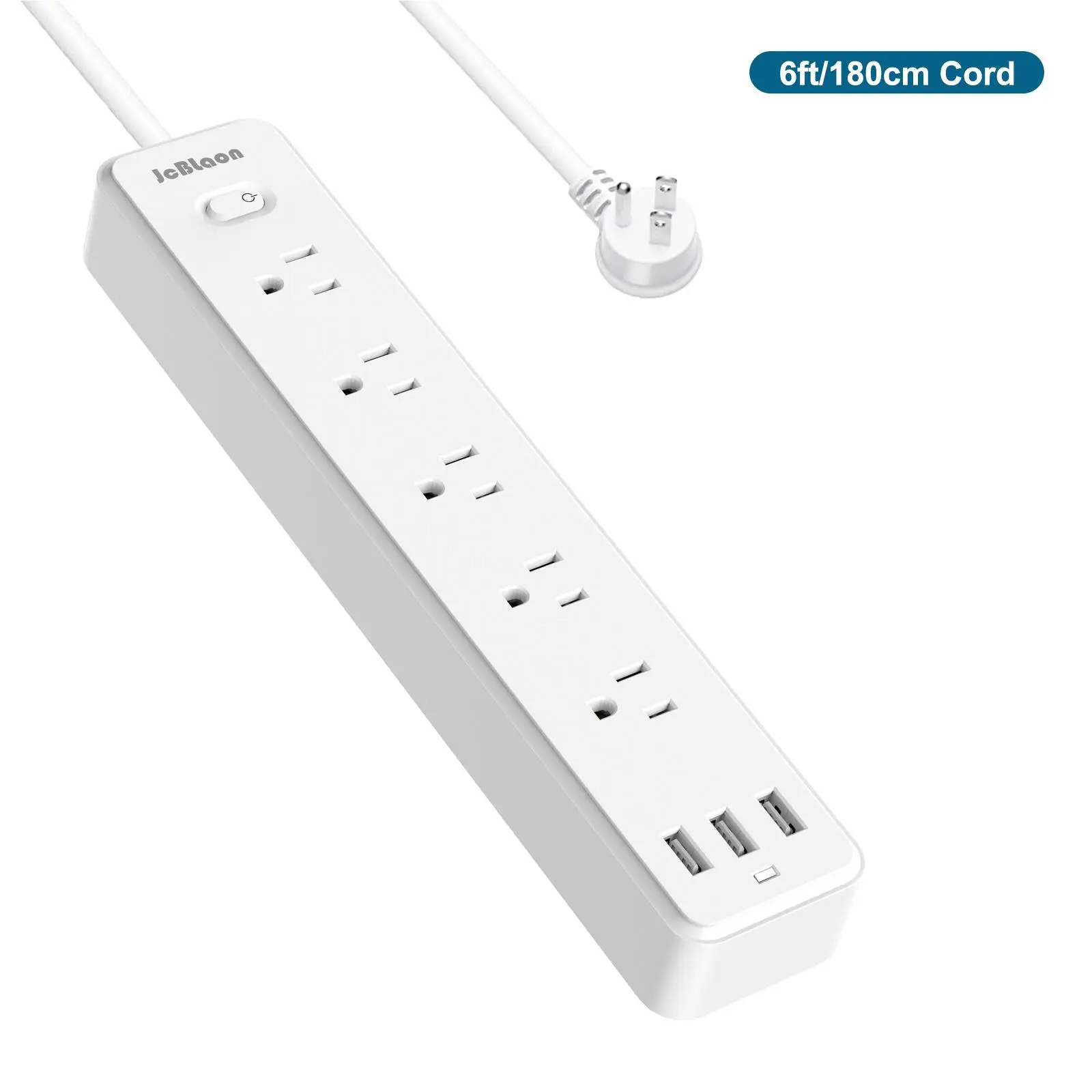 Surge Protector Power Strip, Flat Plug Extension Cord with 3 USB Ports and 5 AC Outlets, Outlet Extender Suitable for Home, Travel, Office, School & D