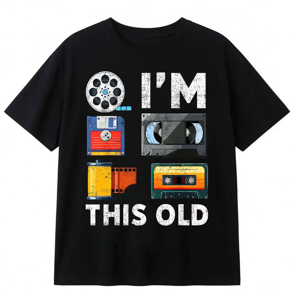 Retro Vintage Media Technology T-Shirt - Nostalgic Cassette VHS Floppy Disk Print Short Sleeve Round Neck Tee - Digital Heat Transfer Casual Shirt for Tech Conventions & Casual Attire