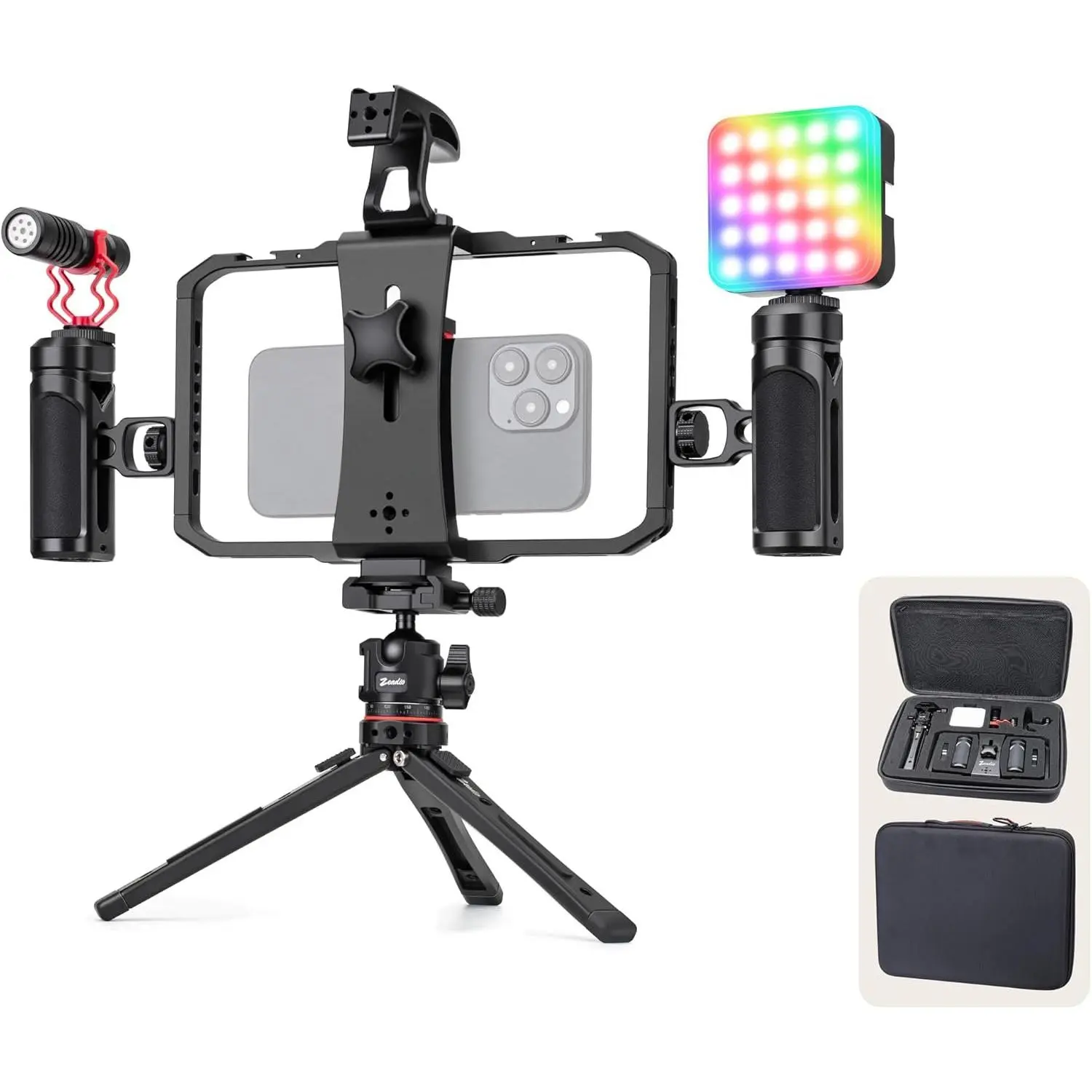 -in- Phone Video Vlogging Kit, Versatile Rig Cage with RGB Light, Mic, Arca Ball  Tripod -  for Recording/YouTube/Live Streams/Tabletop Filming/Content Creation/Travel etc