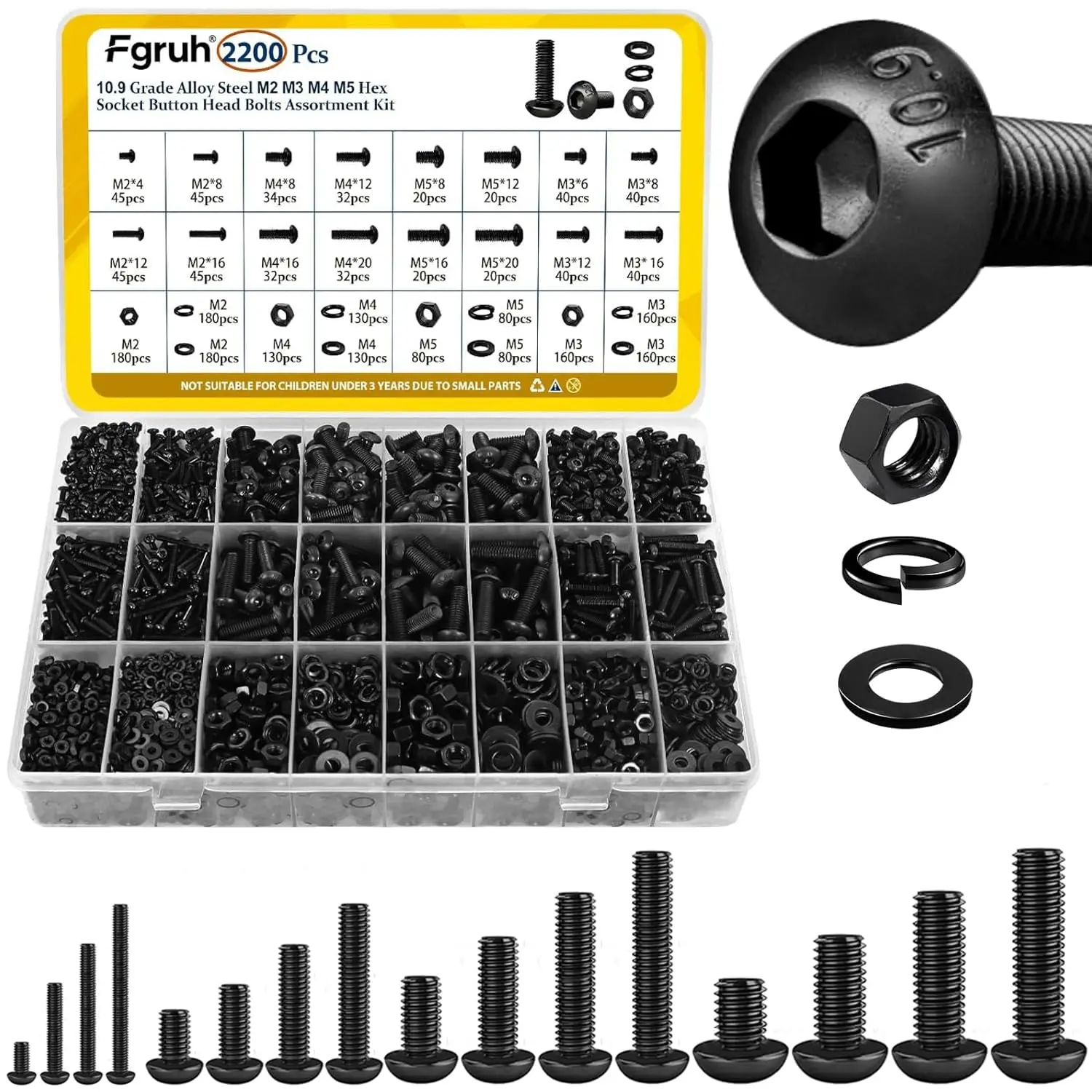 2200-Piece Metric Screws Assortment Kit, M2 M3 M4 M5 Hex Socket Button Head Screws with Nuts & Washers, 10.9 Alloy Steel, Black Zinc Plated for 3D Printing