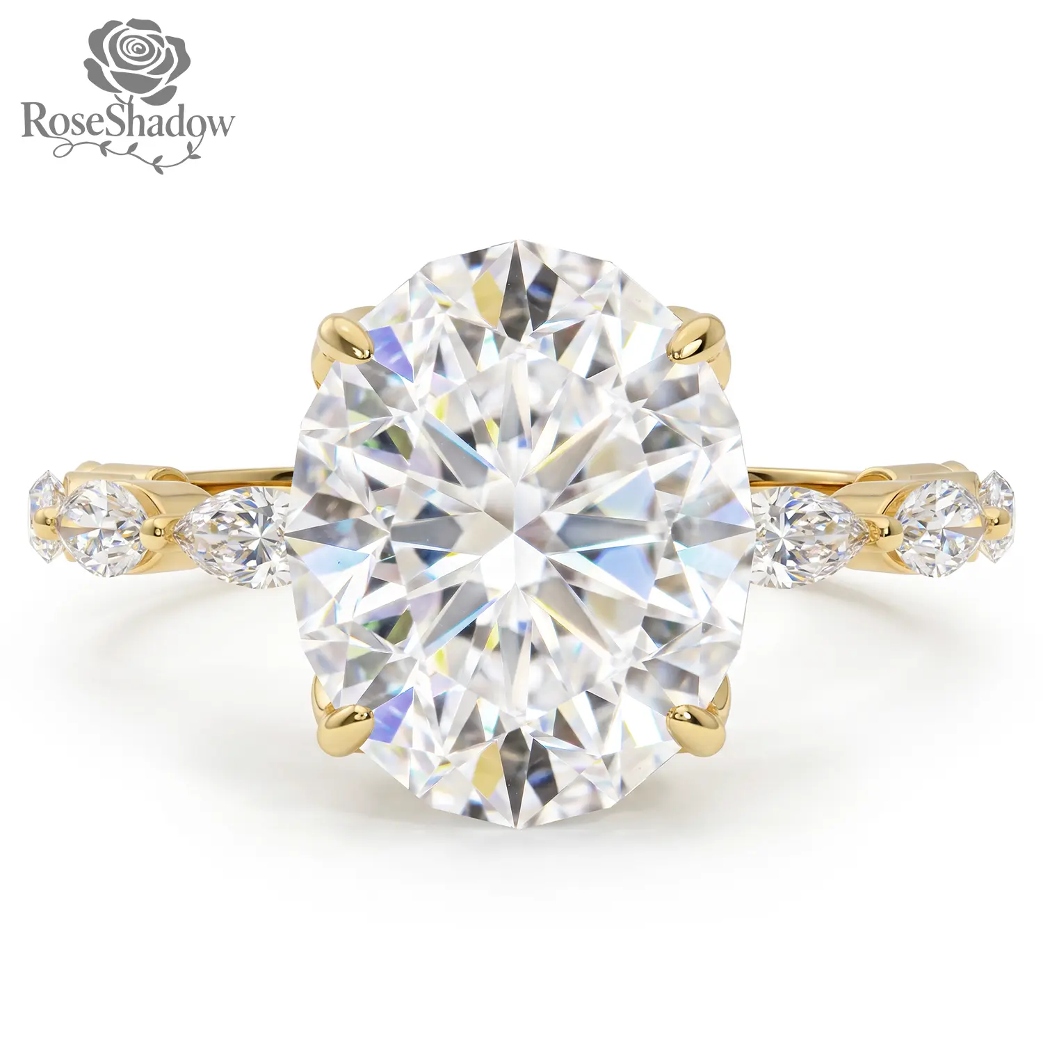 ROSESHADOW 3CT Oval Cut Moissanite Engagement Ring For Women 14K Gold Plated 925 Sterling Silver VVS D Color Jewerly Gift For Her