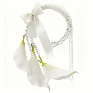 Lily and Pearl Bride Wrist Corsage, 37cm Artificial Flower Handheld Ring, Wedding Ceremony Engagement Party Decoration