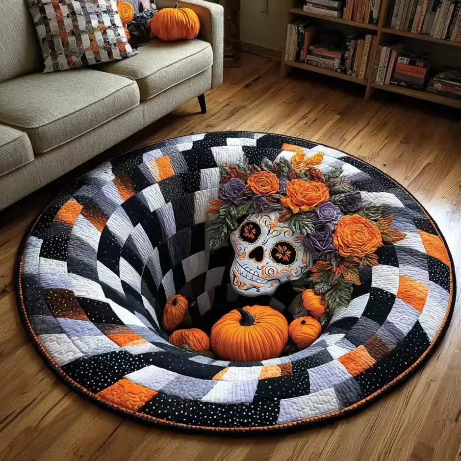 [Halloween] Oversized 3D Optical Illusion Round Rug, Spooky Skeleton Mummy Octopus Non-Slip Floor Mat, Creepy Halloween Area Carpet, Gothic Home Decor for Living Room Bedroom Party