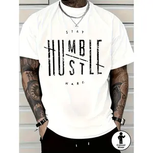 Men'S White Cotton T-Shirt with "Stay Humble Hustle Hard" Graphic - Short Sleeve, Round Neck, Casual Style, Geometric Design