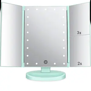 Tri-fold Lighted Vanity Makeup Mirror with 3x/2x Magnification,21 LEDs Light and Touch Screen,180 Degree Free Rotation Countertop Cosmetic Mirror,(Green)