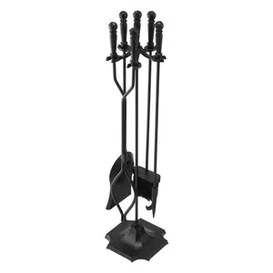 Fireplace Tool Set 5-Piece With Stand And Holder, Tongs, Shovel, Brush, Poker, Five-Prong Stand, Wrought Iron Fireplace Accessories For Indoor Outdoor Campfire Use, Black Durable Steel Construction With Easy-Grip Handles