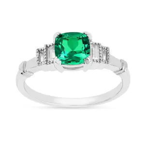 1.14 Ct Cushion Green Colombian Lab Created Emerald and Moissanite Prong Silver Five Stone Ring