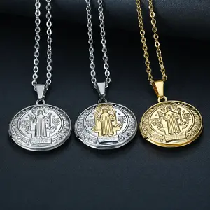 Vintage Stainless Steel Priest Patterned Round Pendant Necklace, Suitable for Placing Photos To Commemorate Men and Women's Necklaces, Christmas Gift Accessories