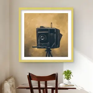 212 MAIN Vintage Gold Camera Still Life Framed Matted Photo Print Wall Art, 24x24 in - Classic Artwork, Artistic Home Decor for Living Room Home Supplies