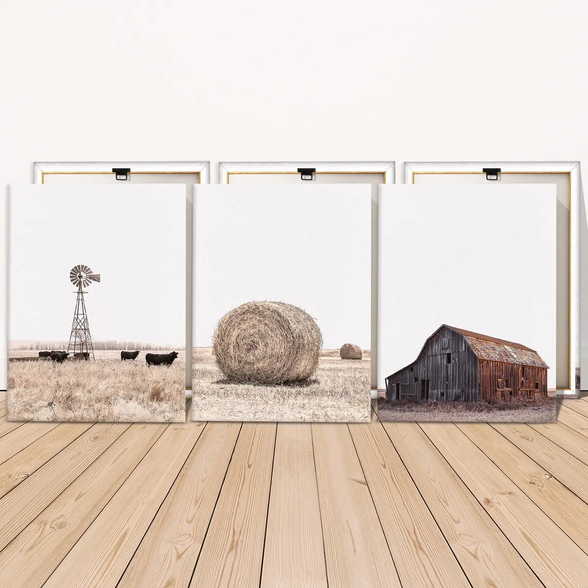 3 Counts Wooden Framed Canvas, Rustic Countryside Barn And Windmill Images, Exquisite Poster, Perfect Living Room Decoration, Modern Art, Fashion Family Poster, Wall Art Decoration, Odorless, Artwork