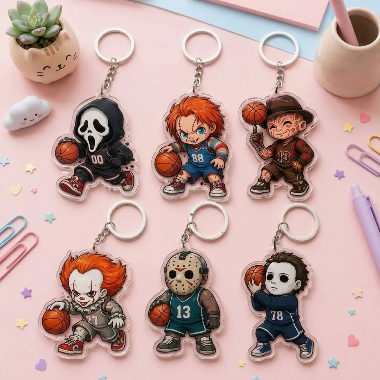 Horror Basketball Acrylic Keychain Set – Ghostface, Chucky, Freddy, Pennywise, Jason & Michael Myers Sports Charms, Halloween Fan Gift