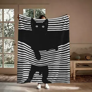 Black Cat Peeking Striped Pattern Blanket, 1 Count Soft Warm Flannel Throw Blanket, Cozy Nap Blanket for Home Office Travel