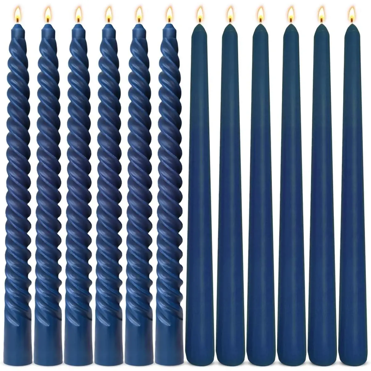 12-Pack 10-Inch Dripless Taper Candles Set - 6 Navy-Blue Tapers, 6 Spirals for Weddings, Home Decor
