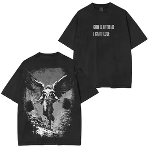 Acid Washed Retro Black Fitness Faith Streetwear T-Shirt, Featuring Weightlifting Angel Graphic & "God Is With Me" Quote, Boxy Fit Grunge Gym Aesthetic Unisex Top