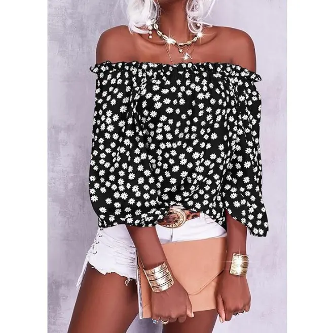 Womens Summer Off Shoulder Blouse Floral Print 3/4 Sleeve Casual Chiffon Tops Shirts Womenswear, Gift For Her