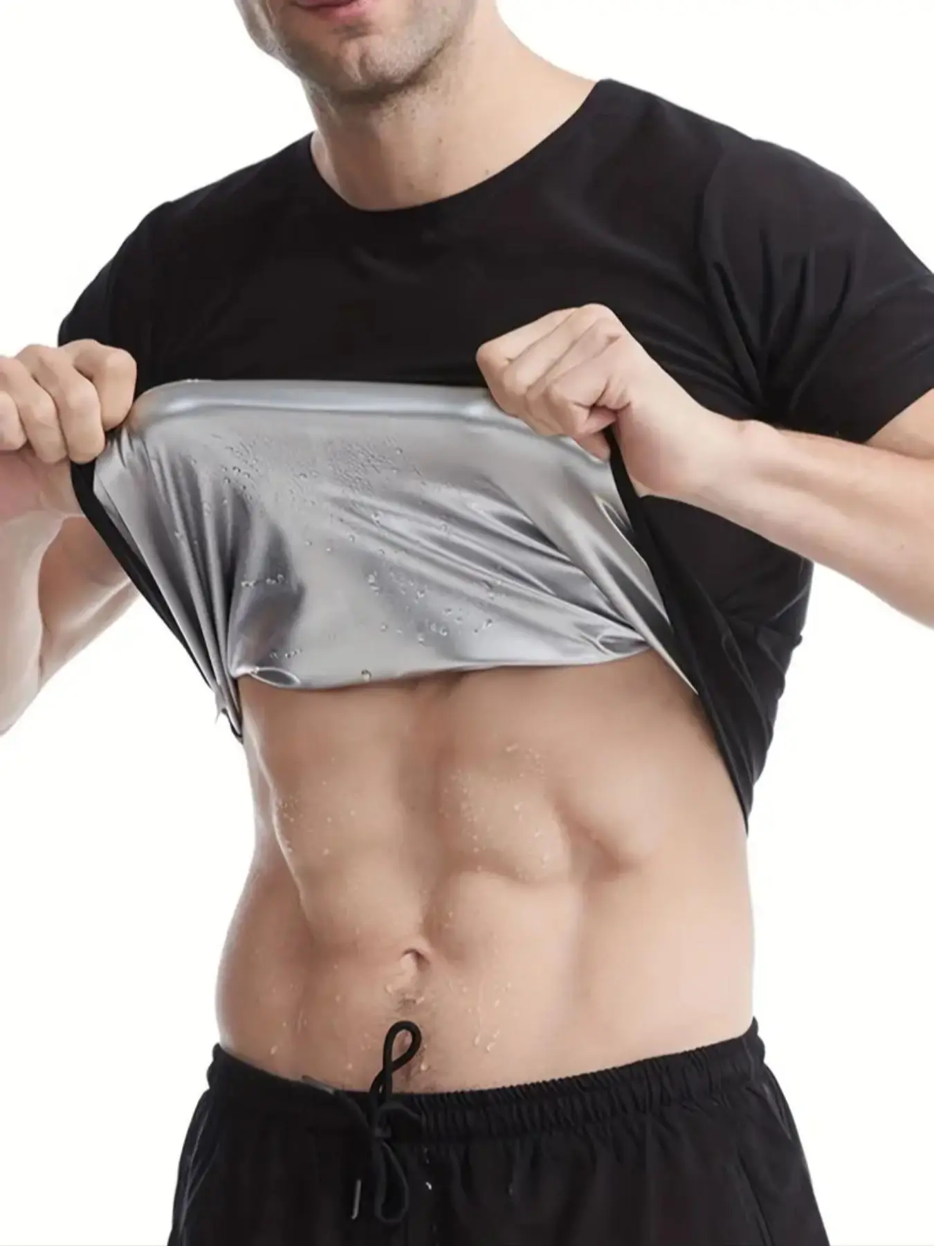 Men's Plain Round Neck Sauna T-shirts Workout Sweat Top, Men's Compression Shirts, Workout Tops, Compression Sweat Enhancing Tee, Summer Gym Tops, Men