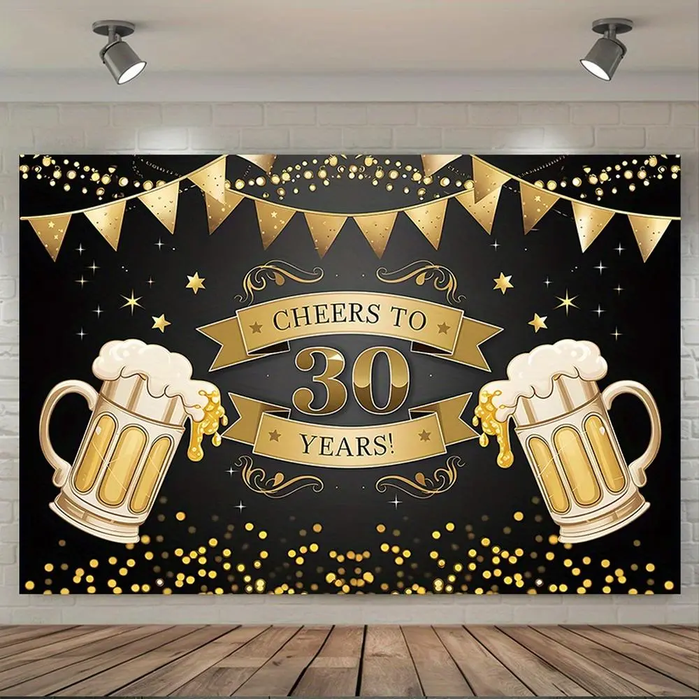 1pc 2D Flat 30th Birthday Party Banner - "Cheers to 30 Years!" Glam Soft Durable Golden-Black Polyester Backdrop with Beer Mugs, Stars, Festive Ornaments, Letters for Indoor Home, Wall Decor (No Fading Risk Implied)