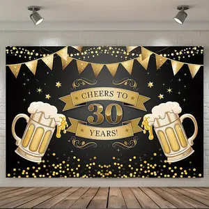 1pc 2D Flat 30th Birthday Party Banner - "Cheers to 30 Years!" Golden & Black Polyester Backdrop with Beer Mugs, Stars, and Festive Decorations for Home, Room, or Wall Decor, Party Decor|C White