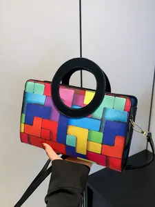 Valentine's Day Ladies' Handbags, Fashionable Retro Color-Blocked Design, Ideal for Commuting, Shopping, Dating & Parties, Colorblock Patchwork Handbag, Geometric Pattern Bag
