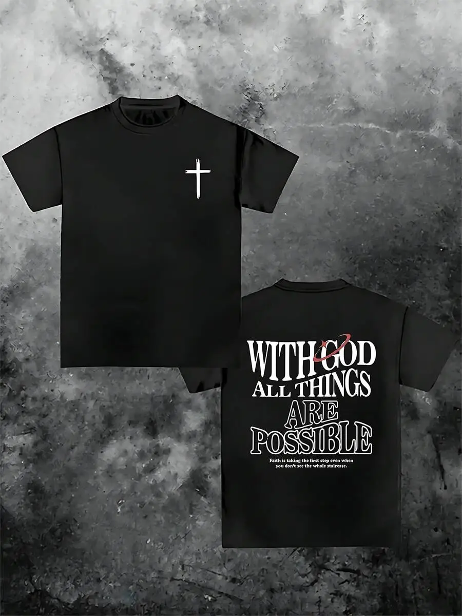 Men's Streetwear T-Shirt with Faith Cross Graphic Print, Casual Short-Sleeve Top in Soft 100% Cotton, Shortsleeve