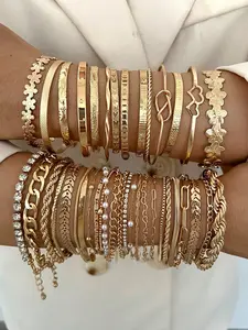 Vintage Elegant Fashion Bracelet Set, Geometric Flower Design, Pearl Rhinestone Bling, Heart Pattern, Snake Chain, Party Gift, Rhinestone Bangle Bracelet