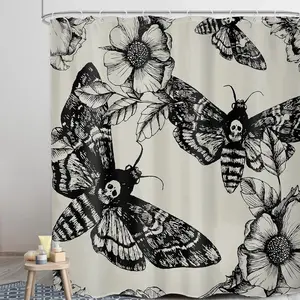 Butterfly & Skull & Flowers Pattern Shower Curtain, Waterproof Shower Curtain with 12pcs Hooks, Bathroom Accessories for Home Dormitory Hotel Salon