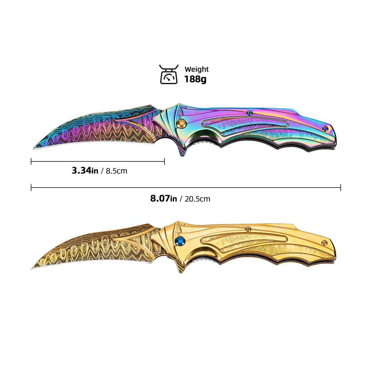 Vibrant Rainbow/Gold Damascus Folding Knife, Perfect for Hiking Camping & EDC