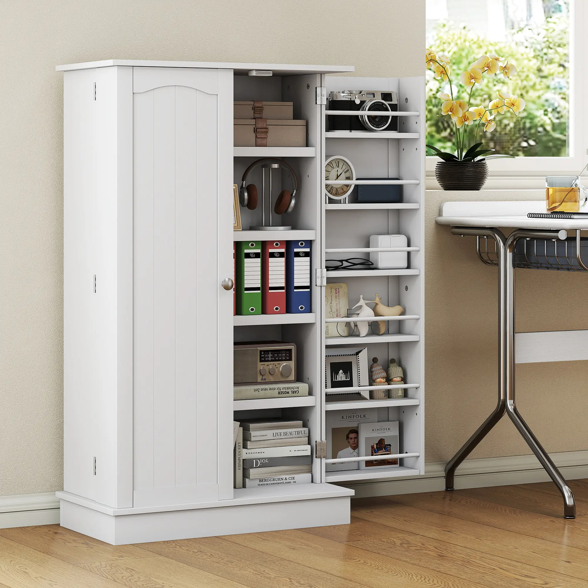 Freestanding Kitchen Pantry Cabinet, Kitchen Cabinet with 12 Door Shelves, Double Doors, 5-tier Shelving, Paper White