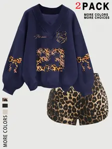 Women's Autumn Winter Warm Round Neck Long Sleeve Sweatshirt Matching Set Outfit, Fashion Leopard Print Crop Top & Shorts, Casual Slim Fit for Daily Wear